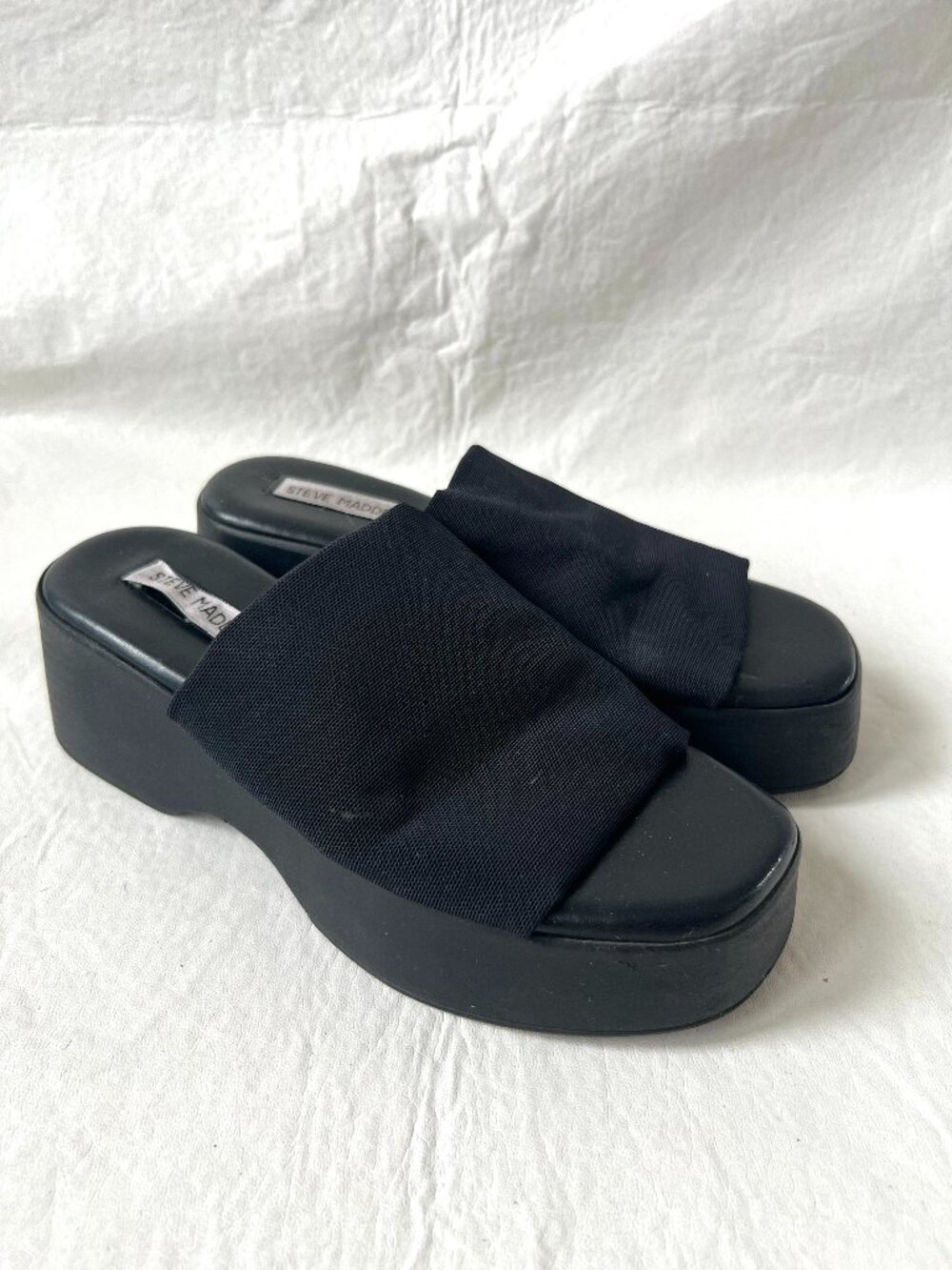 Steve Madden Slinky 30 slide sandals black mesh EU 38 womens 7 7.5 chunky wedge